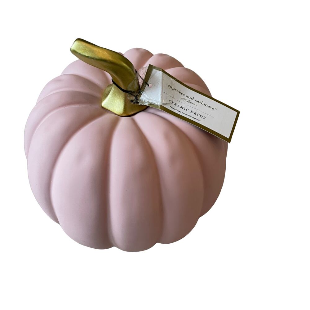 CUPCAKES & CASHMERE Pink Ceramic Pumpkin Gold Stem Posh Fall Decor New - Picture 9 of 14